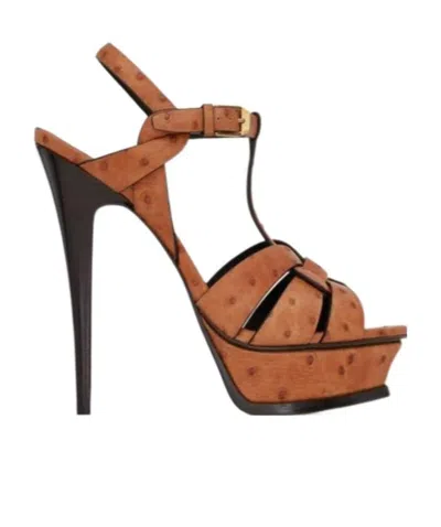Saint Laurent Tribute Ostrich-embossed Platform Sandals In Brown