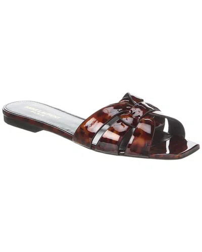 Saint Laurent Tribute Tortoise Shell Flat Slide Sandals In Manto Naturale