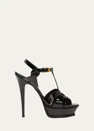 SAINT LAURENT TRIBUTE PATENT T-STRAP PLATFORM SANDALS