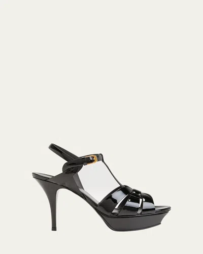 SAINT LAURENT TRIBUTE PATENT T-STRAP PLATFORM SANDALS