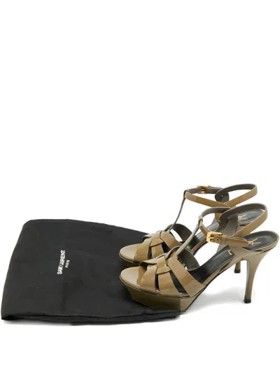 Pre-owned Saint Laurent Tribute Platform Heeled Sandals In Green