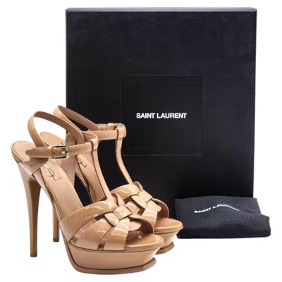 Pre-owned Saint Laurent Tribute Platform Leather Heeled Sandals Pumps Brown Eu 40 Us 10