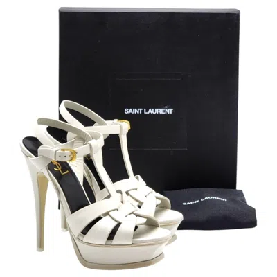 Pre-owned Saint Laurent Tribute Platform Leather Sandals Pumps White Eu 40 Us 10 - Nwb