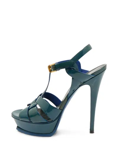 Pre-owned Saint Laurent Tribute Platform Sandals In Blue