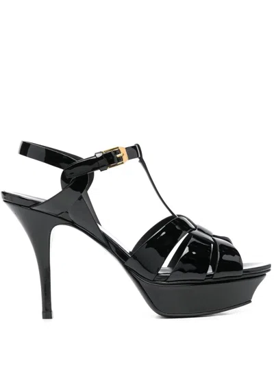 Saint Laurent Tribute Platform Sandals In Black Patent Leather In Multi