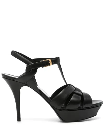 Saint Laurent Tribute Platform Sandals In Smooth Leather In Black