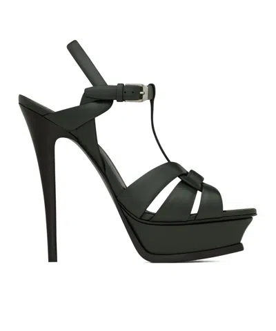 Saint Laurent Tribute Platform Sandals In Smooth Leather In Green