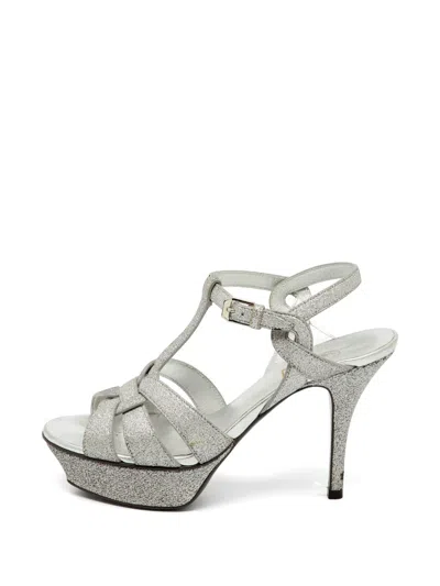 Pre-owned Saint Laurent Tribute Platform Sandals In Silver