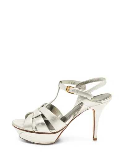 Pre-owned Saint Laurent Tribute Platform Sandals In Silver