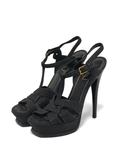 Pre-owned Saint Laurent Tribute Python-embossed Leather Sandals In Black