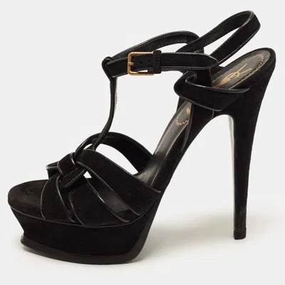 Pre-owned Saint Laurent Tribute Size 35.5 Black Suede Platform Sandals