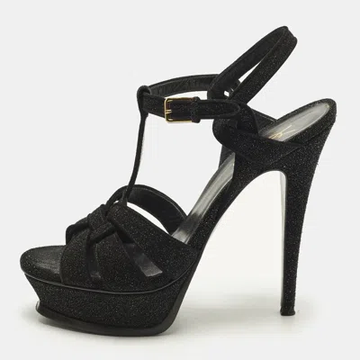 Pre-owned Saint Laurent Tribute Size 35.5 Black Texture Suede Platform Sandals