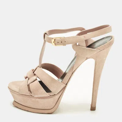 Pre-owned Saint Laurent Tribute Size 36 Beige Suede Platform Sandals