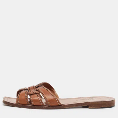 Pre-owned Saint Laurent Tribute Size 36 Brown Leather Flat Slides