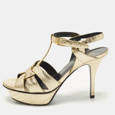 Pre-owned Saint Laurent Tribute Size 36 Gold Lizard Embossed Leather Platform Sandals