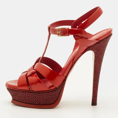 Pre-owned Saint Laurent Tribute Size 36 Red Patent Leather And Stingray Trim Platform Sandals