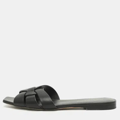 Pre-owned Saint Laurent Tribute Size 36.5 Black Leather Flat Slides