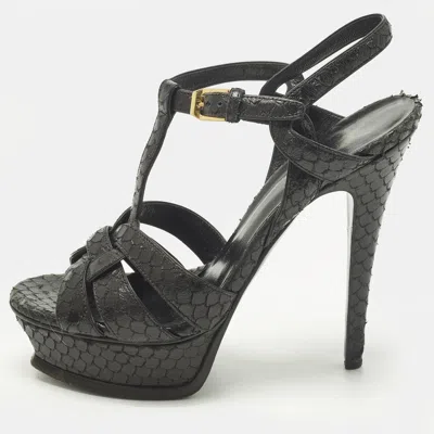 Pre-owned Saint Laurent Tribute Size 36.5 Black Snakeskin Embossed Leather Platform Sandals