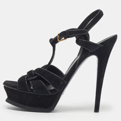 Pre-owned Saint Laurent Tribute Size 36.5 Black Suede Platform Sandals