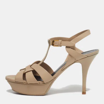Pre-owned Saint Laurent Tribute Size 37 Beige Leather Platform Sandals