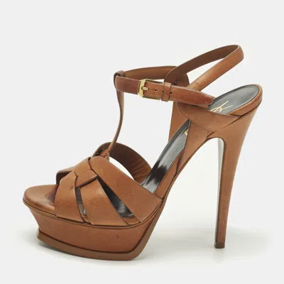Pre-owned Saint Laurent Tribute Size 37 Brown Leather Platform Sandals