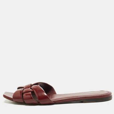Pre-owned Saint Laurent Tribute Size 37 Burgundy Patent Leather Flat Slides