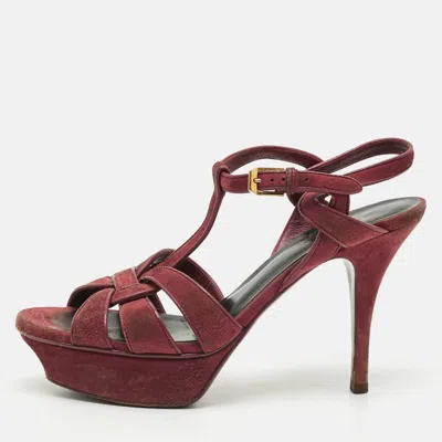 Pre-owned Saint Laurent Tribute Size 37 Burgundy Suede Ankle Strap Sandals