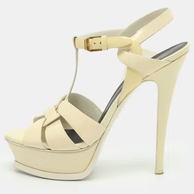 Pre-owned Saint Laurent Tribute Size 37 Cream Patent Leather Platform Sandals