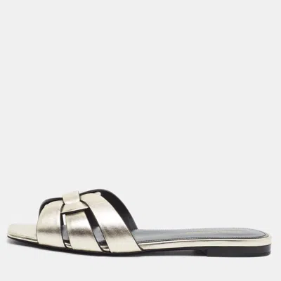 Pre-owned Saint Laurent Tribute Size 37 Gold Leather Flat Slide
