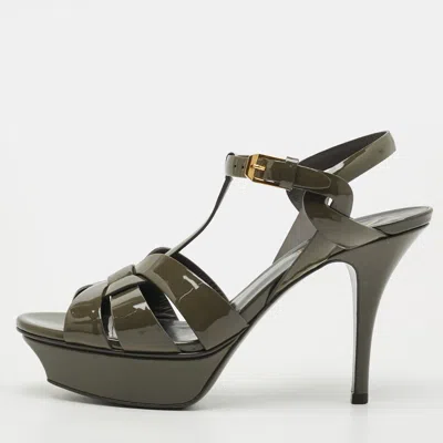 Pre-owned Saint Laurent Tribute Size 37 Grey Patent Leather Platform Sandals In Green