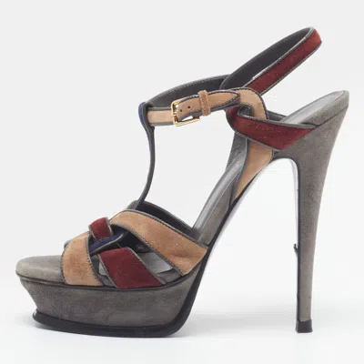 Pre-owned Saint Laurent Tribute Size 37 Multicolor Leather And Suede Platform Sandals