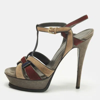 Pre-owned Saint Laurent Tribute Size 37 Multicolor Suede Platform Sandals