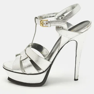 Pre-owned Saint Laurent Tribute Size 37 Silver Leather Platform Sandals