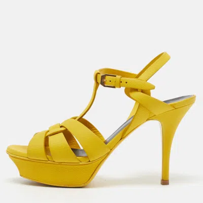Pre-owned Saint Laurent Tribute Size 37 Yellow Leather Platform Sandals