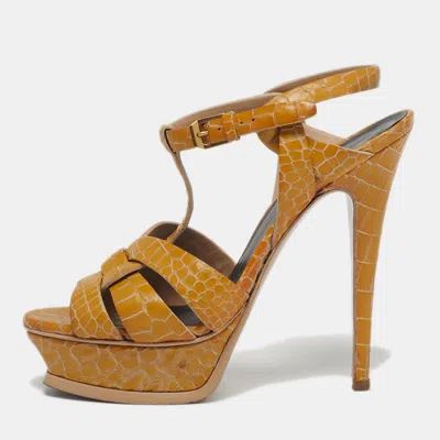 Pre-owned Saint Laurent Tribute Size 37 Yellow/brown Croc Embossed Leather Platform Sandals