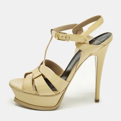 Pre-owned Saint Laurent Tribute Size 37.5 Beige Patent Leather Ankle Strap Sandals