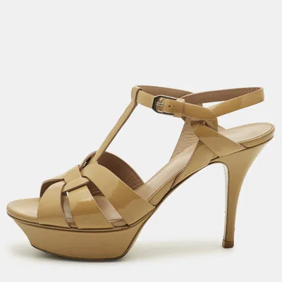 Pre-owned Saint Laurent Tribute Size 37.5 Beige Patent Leather Platform Sandals