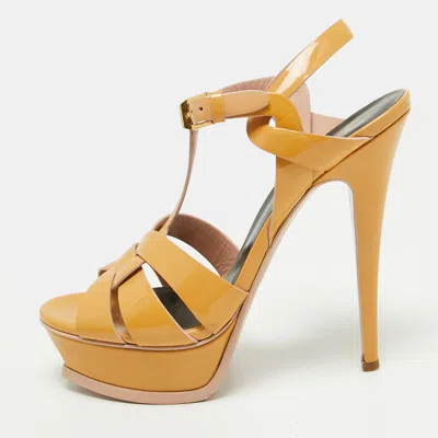 Pre-owned Saint Laurent Tribute Size 37.5 Beige Patent Leather Platform Sandals