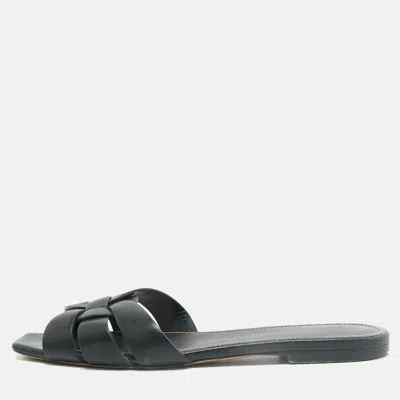 Pre-owned Saint Laurent Tribute Size 37.5 Black Leather Flat Slides