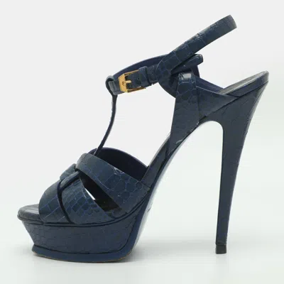 Pre-owned Saint Laurent Tribute Size 37.5 Blue Croc Embossed Leather Platform Sandals