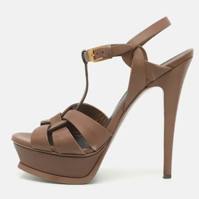 Pre-owned Saint Laurent Tribute Size 37.5 Brown Leather Platform Sandals