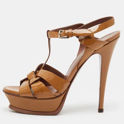 Pre-owned Saint Laurent Tribute Size 37.5 Brown Patent Leather Platform Sandals
