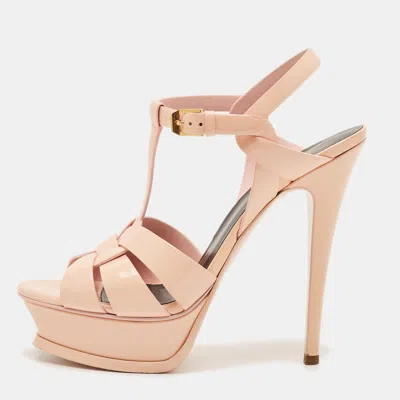 Pre-owned Saint Laurent Tribute Size 37.5 Cream Patent Leather Platform Sandals In White