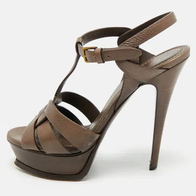 Pre-owned Saint Laurent Tribute Size 37.5 Dark Brown Leather Platform Sandals