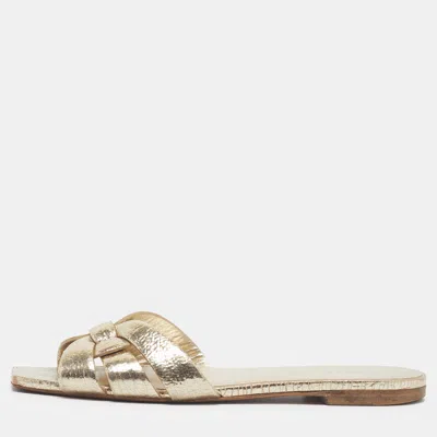 Pre-owned Saint Laurent Tribute Size 37.5 Gold Foil Leather Flat Slide
