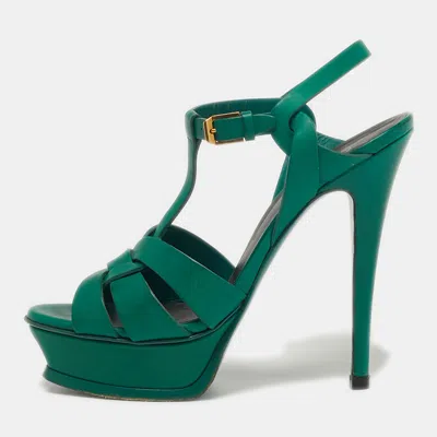 Pre-owned Saint Laurent Tribute Size 37.5 Green Leather Platform Sandals