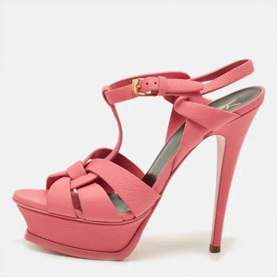 Pre-owned Saint Laurent Tribute Size 37.5 Pink Leather Platform Sandals