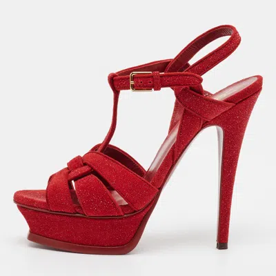 Pre-owned Saint Laurent Tribute Size 37.5 Red Metallic Embossed Suede Platform Sandals