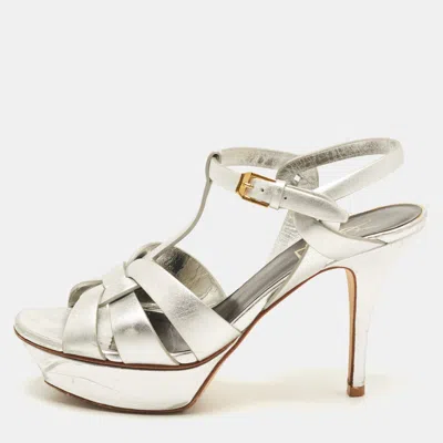 Pre-owned Saint Laurent Tribute Size 37.5 Silver Leather Platform Sandals