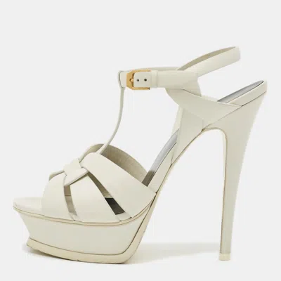 Pre-owned Saint Laurent Tribute Size 37.5 White Leather Platform Sandals